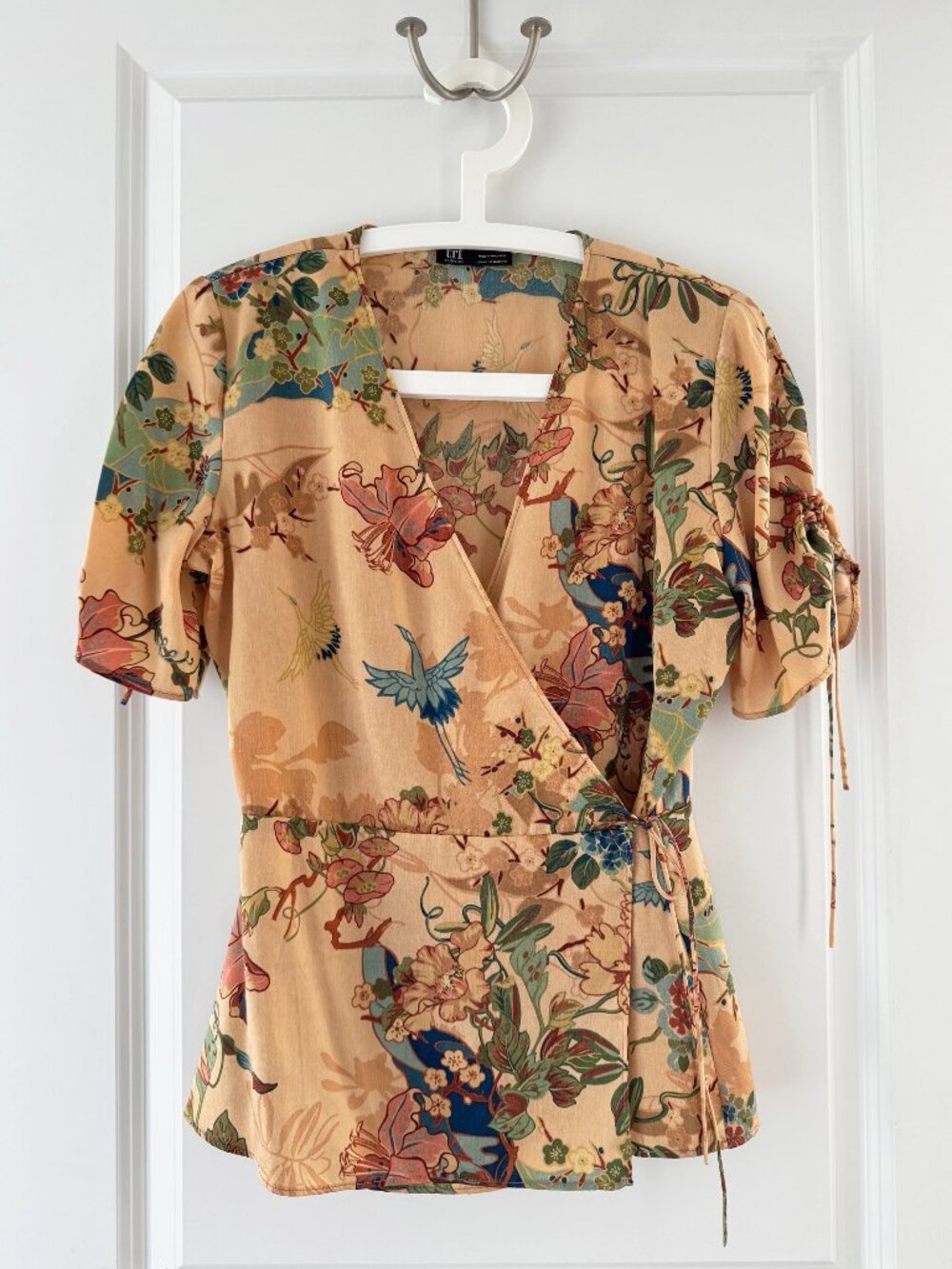 ZARA Satin Floral Bird Print Wrap Top – Gold Beige – Size M – NWOT